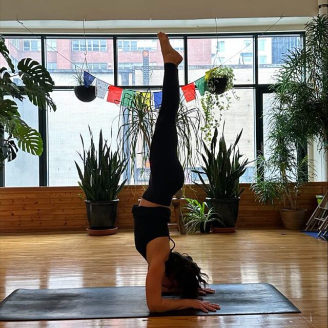 Pratiquante réalisant une posture inversée pendant une séance d’Ashtanga yoga au studio Mysore Montréal.