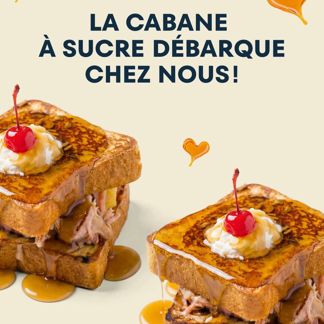 Sandwich brioché style cabane à sucre nappé de sirop d’érable et garni de crème fouettée et cerise au Cochon Dingue.