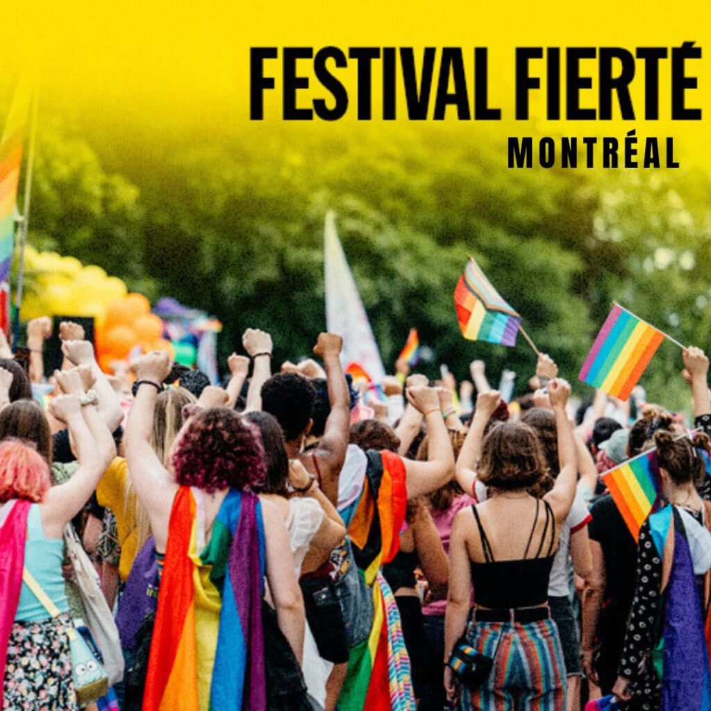 Spectacle au Festival Fierté Montréal avec une performance sur scène et une foule enthousiaste.