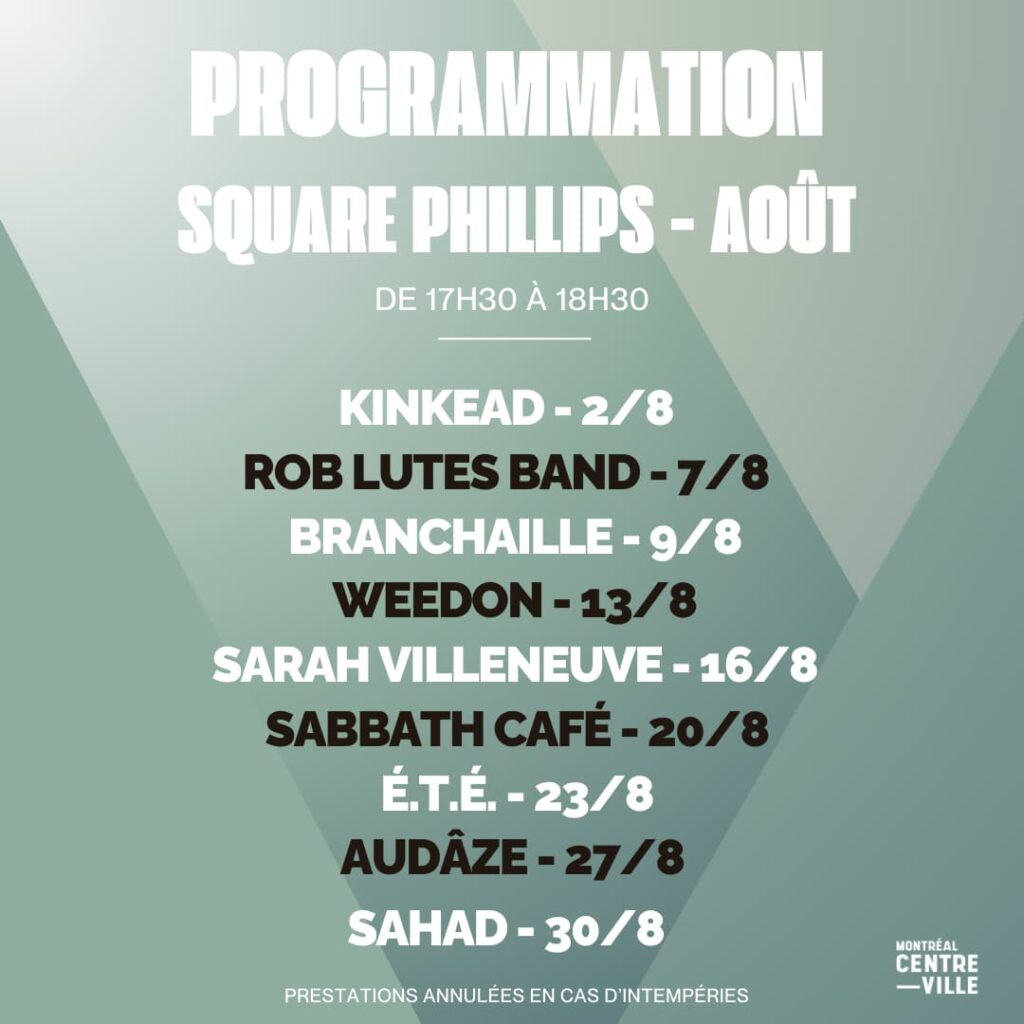 Programmation des concerts gratuits au square Phillips durant le mois d'août