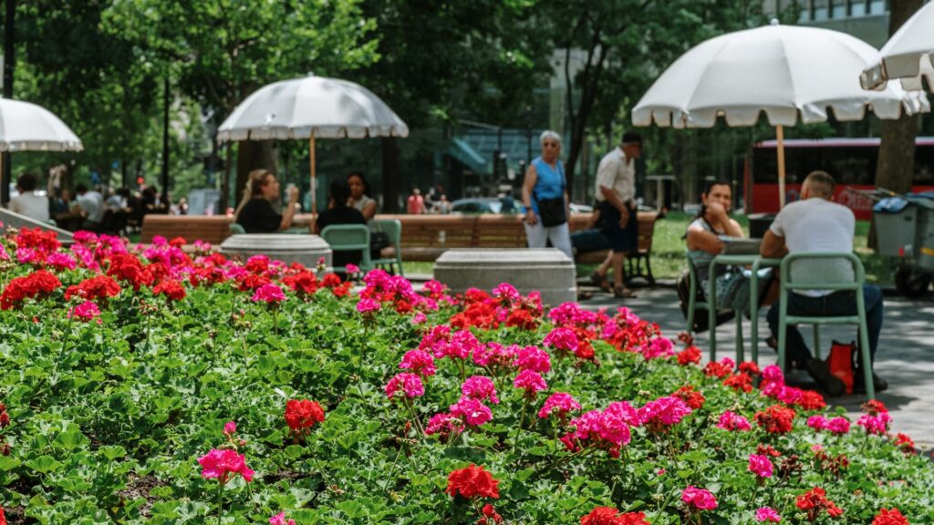 Le mobilier urbain installé au square Dorchester, pour y déguster un repas.