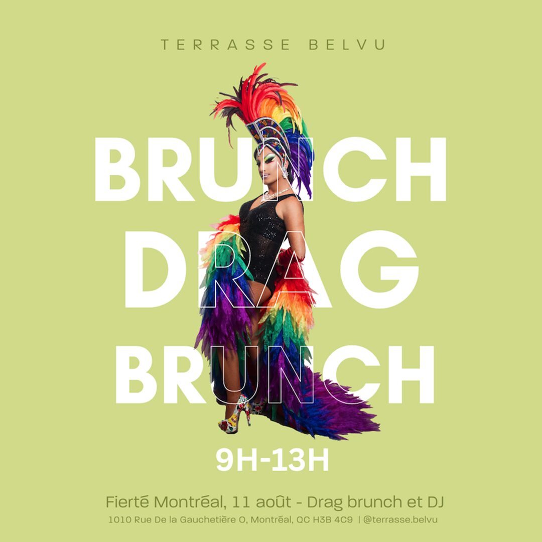 Affiche du Drag Brunch à la Terrasse Belvu le 11 août, de 9h à 13h, avec brunch, drag queens et DJ.