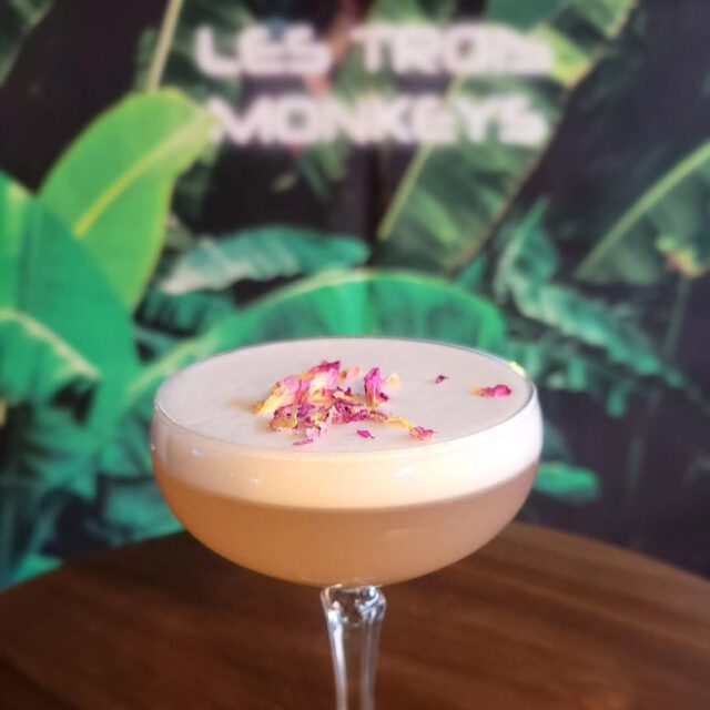 Cocktail raffiné garni de pétales de rose sur mousse, servi chez Les Trois Monkeys à Montréal, devant un mur tropical.