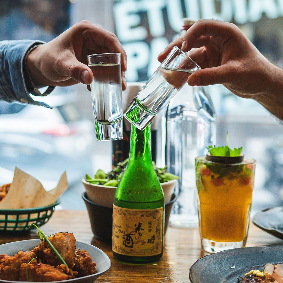 Saké toasts for 5 à 7 at Biiru, downtown Montreal.