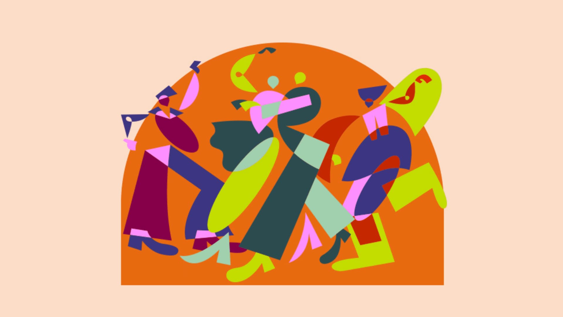 Illustration colorée abstraite de danseurs et musiciens, symbolisant l'énergie du Festival TEMPÉO Danse et Musique.