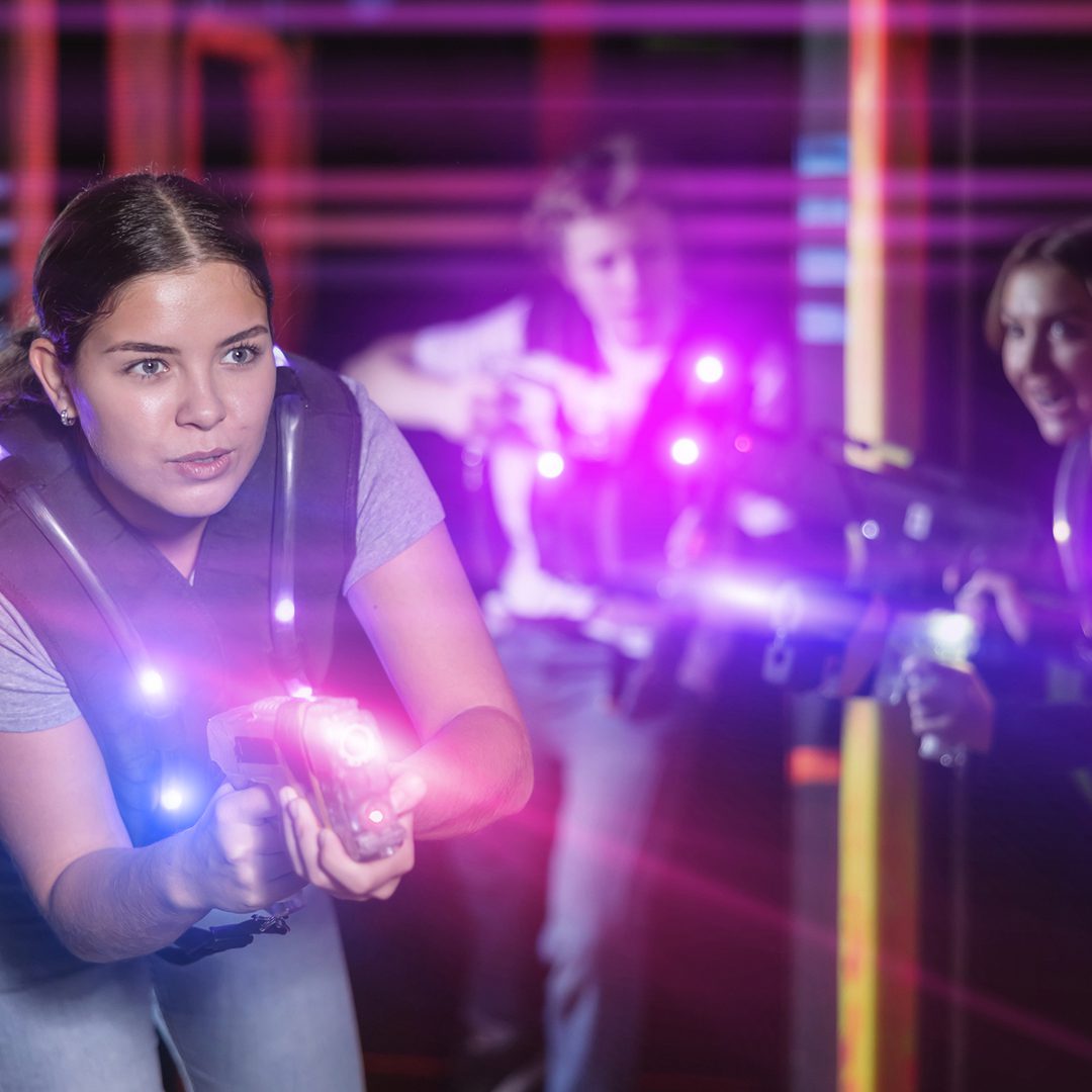 Players battling it out in a game of laser tag at Laser Game Evolution on Sainte-Catherine, downtown Montreal.