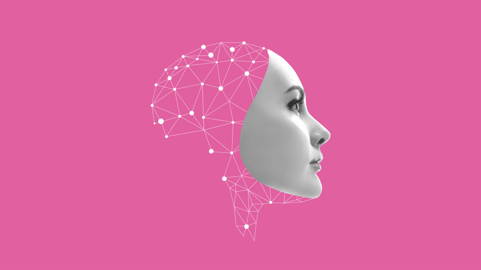 Female profile with digital network connections on a pink background.