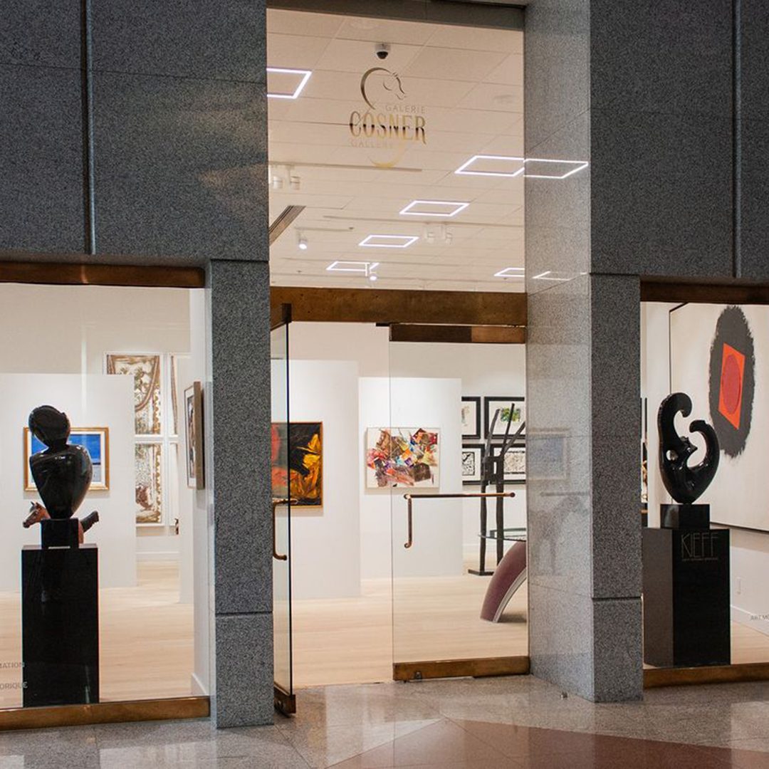 Entrance of Cosner Gallery with artworks and sculptures.