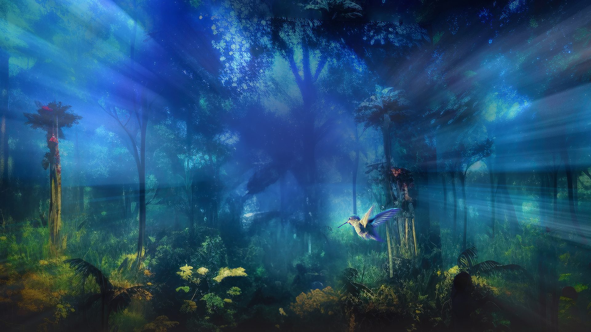 Enchanted forest illuminated in blue with a hovering hummingbird, evoking a mystical atmosphere.