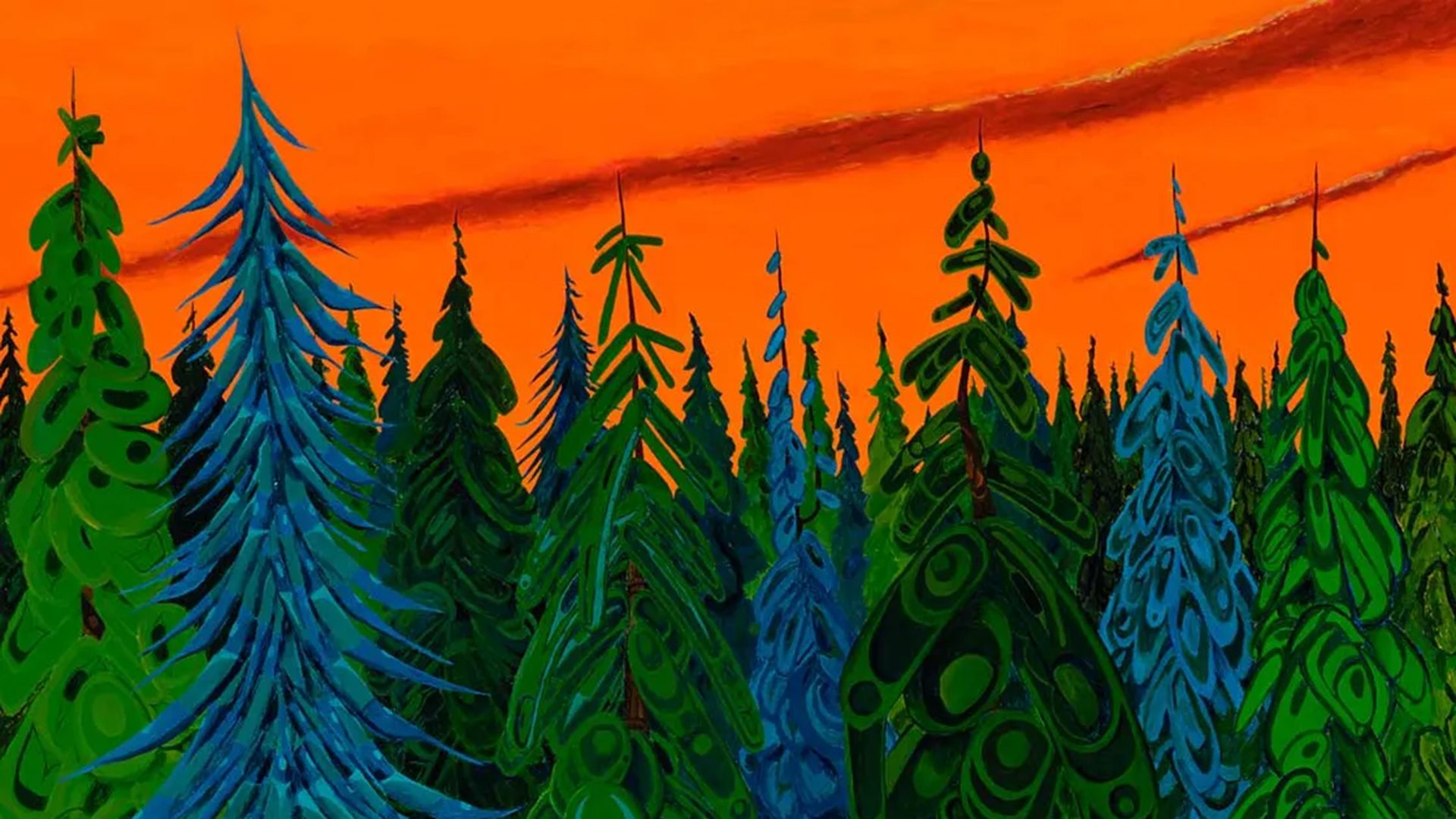 Lawrence Paul. Colorful fir tree forest against an orange background.